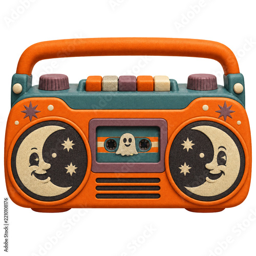 Portable boombox with speakers shaped like moons and a cassette wi...