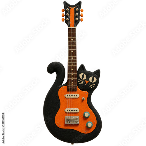 Old electric guitar with a body shaped like an abstract black cat...