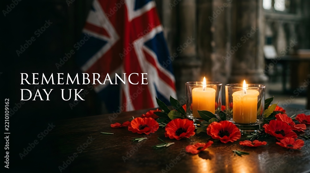 Obraz premium Remembering the fallen a solemn observance of remembrance day in the united kingdom honoring service and sacrifice with poppies and candles