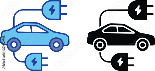 Electric vehicle charging station icons in color and monochrome variations showing a car plugged into a power source
