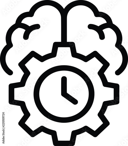 Brain gears with a clock inside representing time management productivity and cognitive function in a linear style