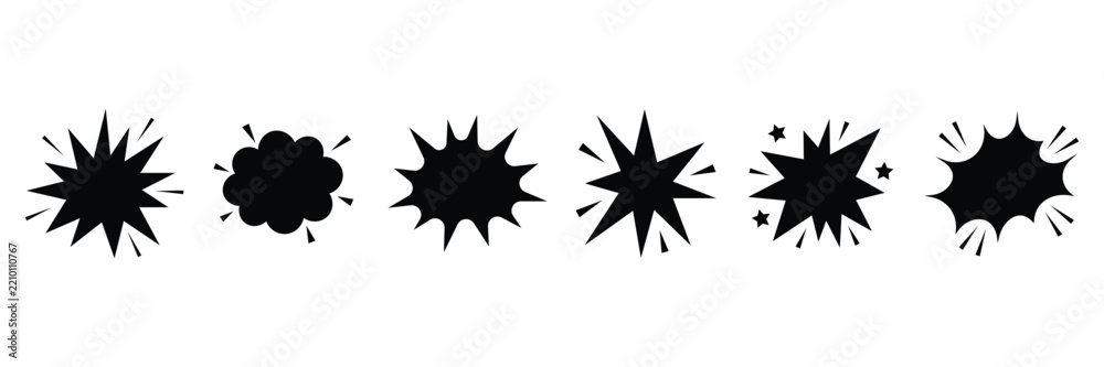 Fototapeta premium Comic book speech bubble boom blast burst silhouette set, starburst cloud explode graphic frame collection.