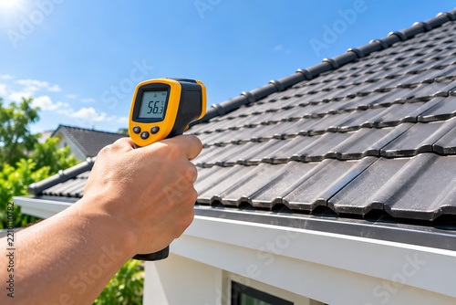Hand holding infrared thermometer measuring roof temperature