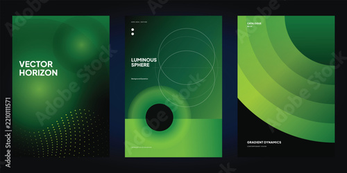 Modern Abstract Green Background Poster Set with Gradient Waves, Glowing Orbs, Circular Geometry and Halftone Patterns