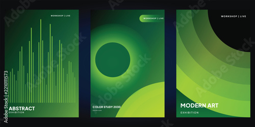 Modern Abstract Green Poster Collection with Gradient Waves, Glowing Circle, Equalizer Bars and Geometric Shapes