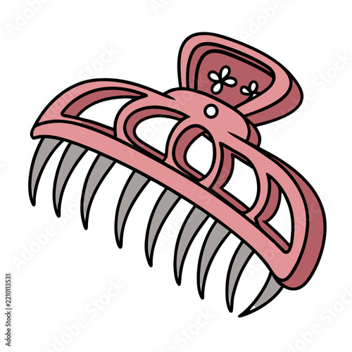 a pink claw hair clip with small white flower details, gray teeth, and bold black outlines.