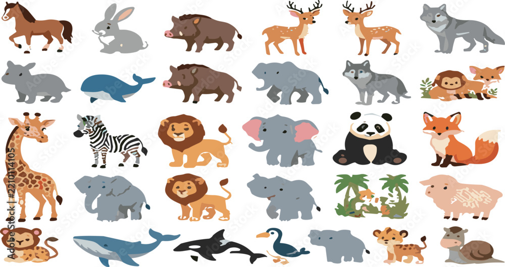 Obraz premium Cute wild and domestic animals cartoon vector icon set. Lion, elephant, giraffe, zebra, panda, fox, wolf, whale, deer, hippopotamus, monkey, 