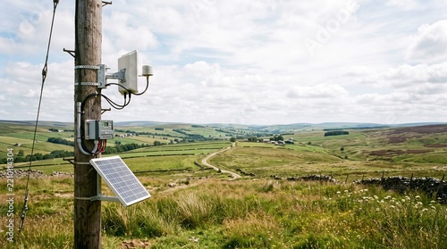Solar powered internet receiver mounted on a wooden utility pole