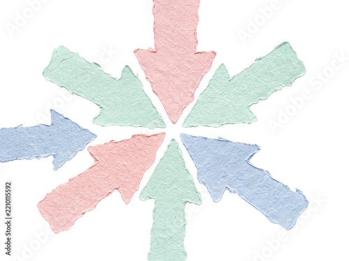 Colorful paper arrows pointing center target focus concept for business strategy meeting, teamwork collaboration, convergence point, direction and integration isolated on black background.