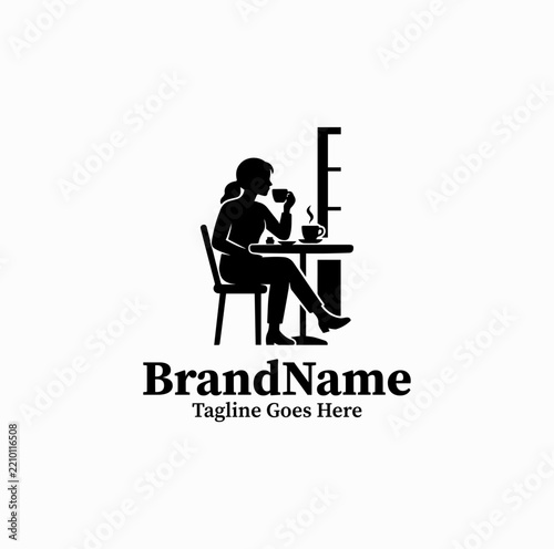 Woman Drinking Coffee At Table Vector Logo — Black Image Coffee Shop Graphic Isolated on White Background