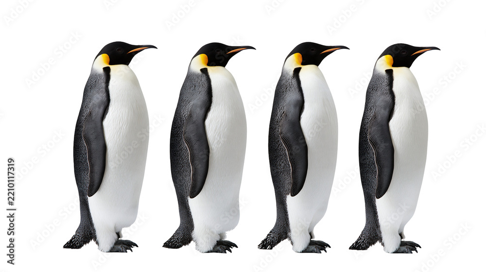 Obraz premium Four standing emperor penguins in a row facing right