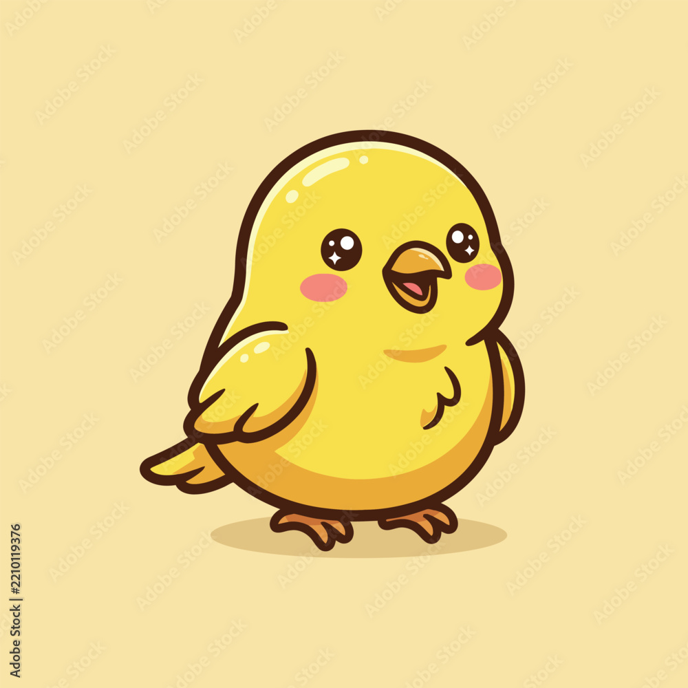 Fototapeta premium Cute kawaii yellow baby chick bird standing, cartoon vector illustration