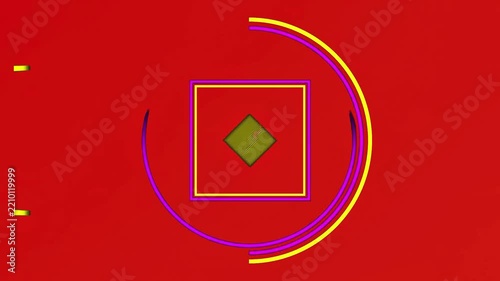 Abstract geometric shape transition animation with colorful morphing circles and squares on red background.