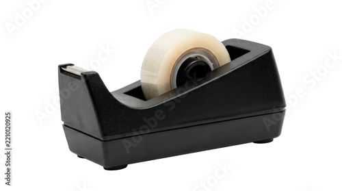 Heavy desktop tape dispenser made of black weighted plastic, holding a roll of clear adhesive tape, serrated metal cutting edge. Photorealistic, side 3/4 view, horizontal orientation,