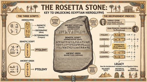Educational infographic about the Rosetta Stone and Egyptian hieroglyphs