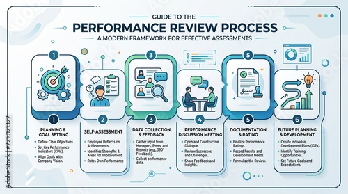 Performance review process infographic showing six steps of employee assessment