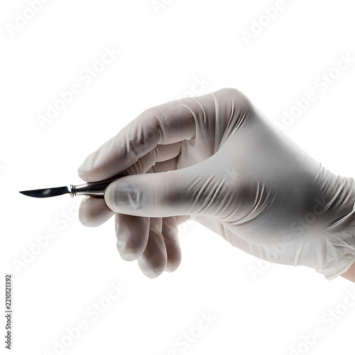 Surgeon hand in latex glove holding a surgical scalpel isolated on