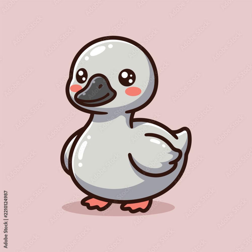 Fototapeta premium Cute kawaii grey baby duckling standing, cartoon vector illustration