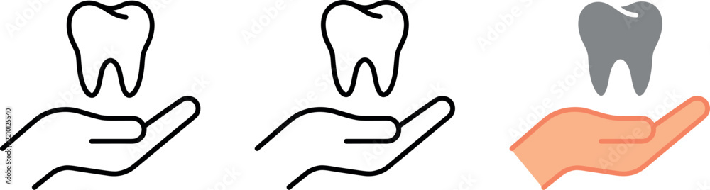 Obraz premium Dental care clinic insurance protection logo icon set with tooth on hand vector line illustration