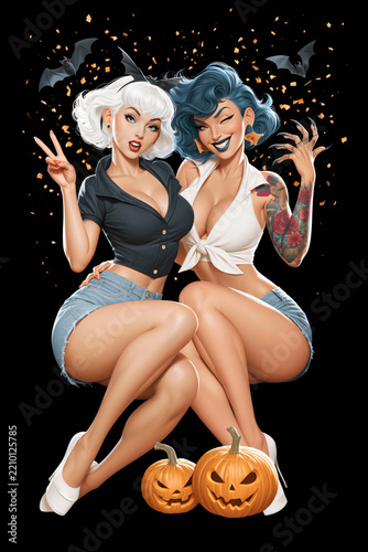 Two pin-up women with Halloween pumpkins and bats posing, vintage comic-style illustration