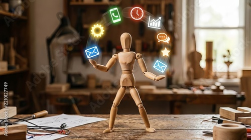 Wooden mannequin juggling colorful digital icons on a workbench