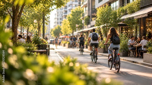 People cycling leisurely in urban green street with outdoor cafes