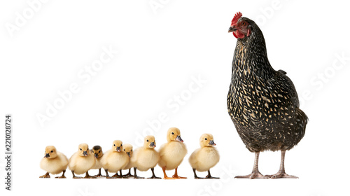 Speckled hen standing beside a row of small yellow ducklings