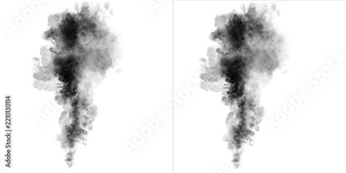 Black smoke plume illustration, abstract ink splash on white background, atmospheric vapor texture, dark watercolor cloud effect
