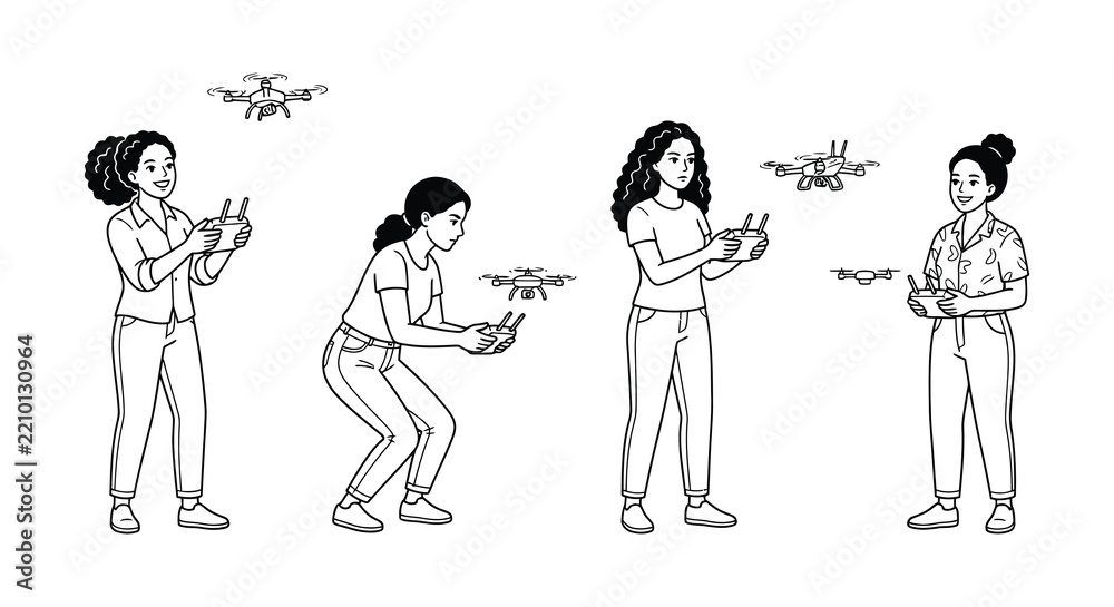 Obraz premium Women operating drones with remote controllers black vector illustration