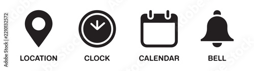 Collection of simple black icons for location, clock, calendar and bell symbols on a transparent background.