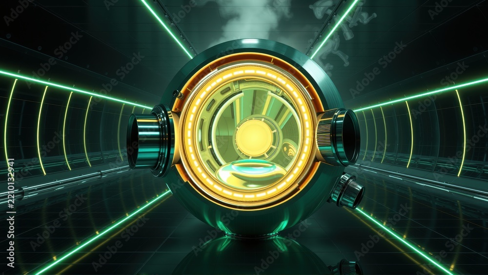Fototapeta premium Futuristic tunnel view. Glowing sphere dominates center, radiating light. Neon lines create perspective, hinting speed, technology. Dark background emphasizes illumination.