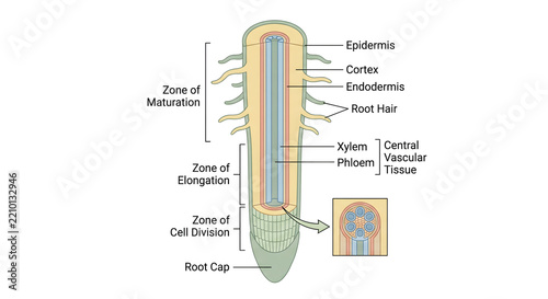 plant root anatomy diagram showing detailed cross section structure including root cap epidermis xylem phloem cortex root hairs zone of elongation and cell division for science biology education