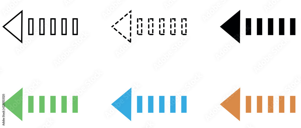 Obraz premium Striated left arrow icon set, striped direction navigation and speed symbol vector illustration