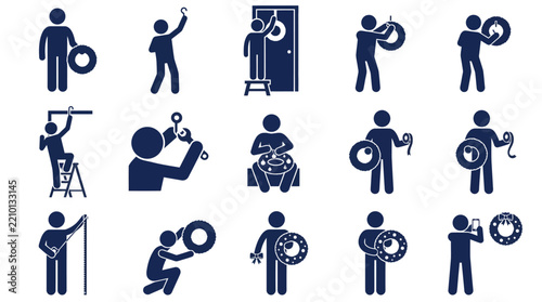 Stick man hanging christmas wreath icons set for holiday decorating