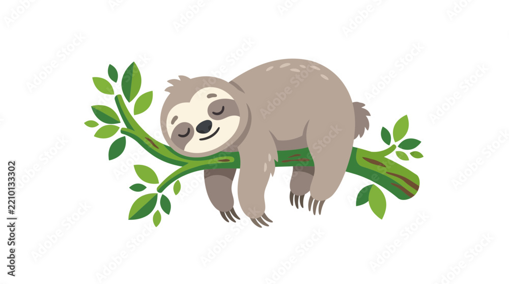 Obraz premium Cute Cartoon Sloth Sleeping Peacefully on a Tree Branch Vector Illustration