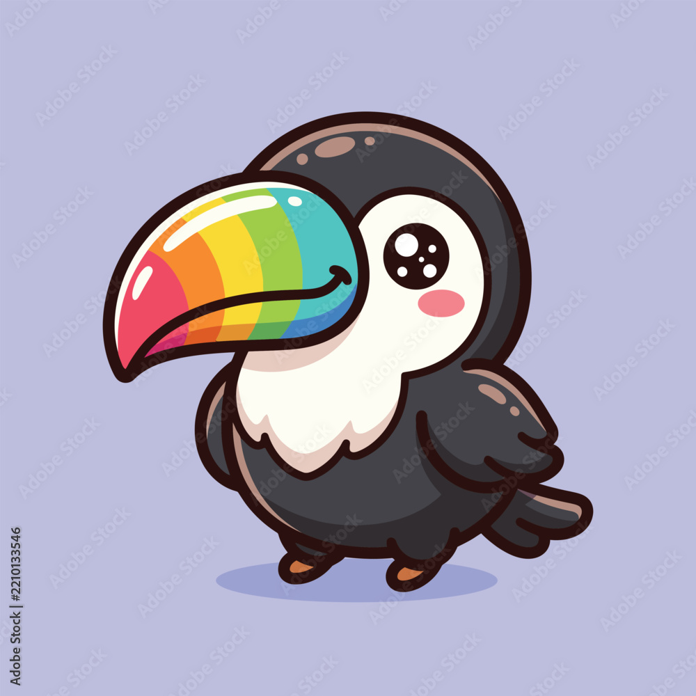 Obraz premium Cute kawaii black toucan with colorful rainbow beak, cartoon vector illustration