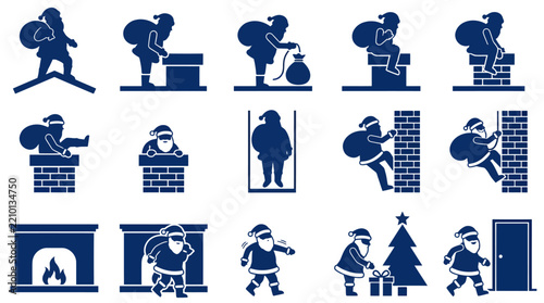 Santa claus silhouette icons delivering christmas gifts in various poses