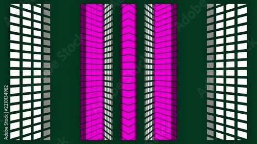 Abstract 3D 8-bit retro pixel block transition animation with pink and white grid structures on dark green background