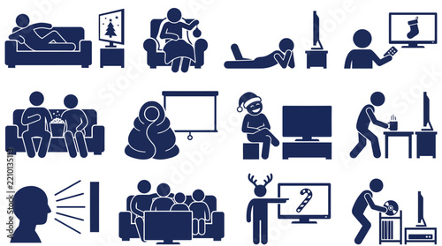 People watching christmas movies and television at home icon set