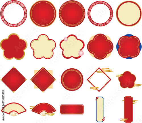 Japanese traditional frames and oriental New Year badges isolated on white background, vector illustration of Asian decorative border, red gold circle frame, flower shape, fan, and banner clipart