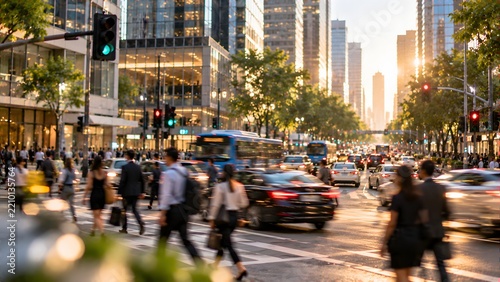 Busy professionals crossing urban street during morning commute in