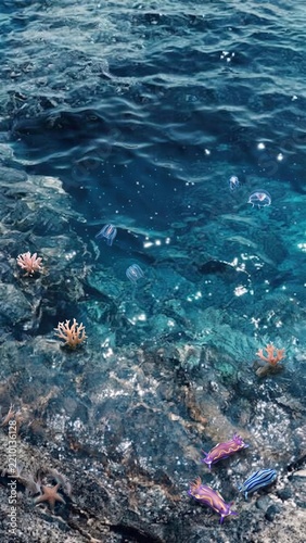 A crystal-clear ocean showcasing corals, jellyfish, and colorful nudibranch snails among rocky textures and sparkling sunlight reflections.