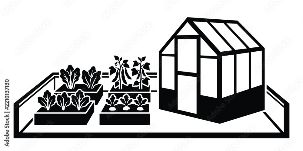 Obraz premium Home greenhouse structure in small backyard farm setting with cultivated vegetable patches.