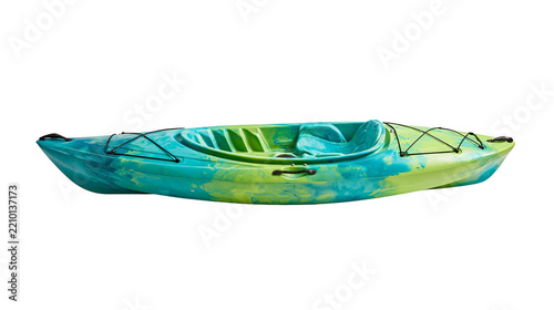 Green and blue marbled plastic sit-in recreational kayak with black bungee cords