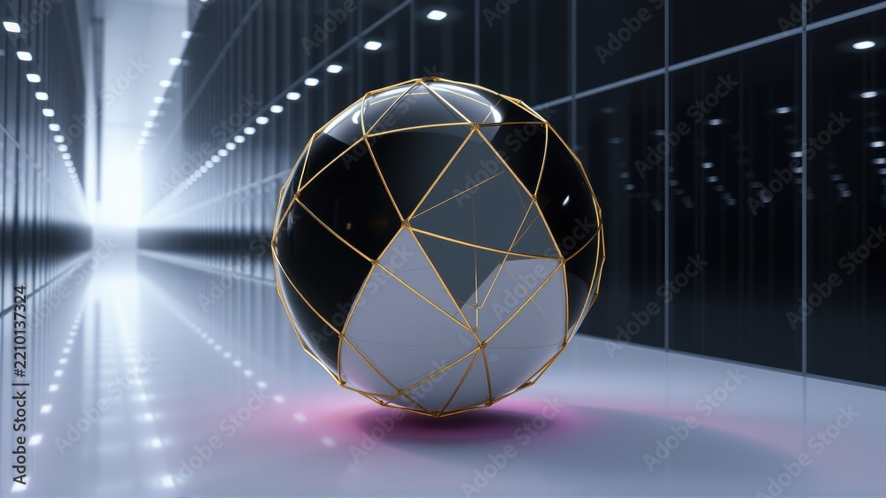 Fototapeta premium Futuristic sphere dominates dark tunnel. Reflective surface, geometric patterns, bright light source creates dramatic effect. Minimalist composition.
