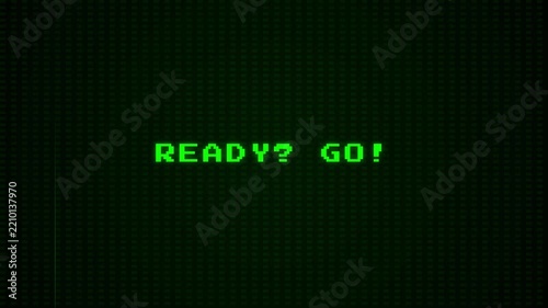 Retro 8 Bit Arcade Screen Showing a Green Pixelated Ready Go Text on a Dark Grid. 4K Video