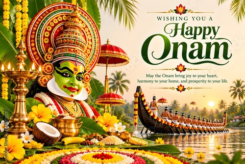 Vibrant Onam Celebration Featuring Traditional Kathakali Mask, Boat Races, Golden Offerings, and Tropical Backdrop Under Warm Sunset