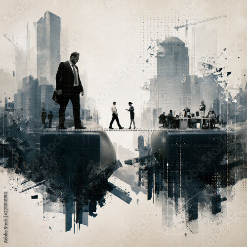 Business people walking on a tightrope in the city