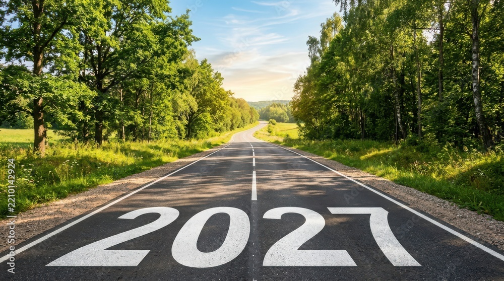 Obraz premium Happy new year 2027 concept painted on an asphalt road leading into the forest