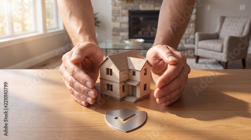 Hands Protecting a Wooden Model House with Shield